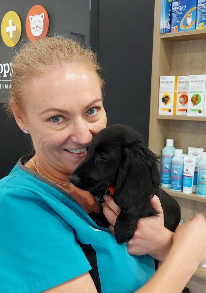 Dr Vanessa cuddling a fur-baby in the Vet clinic